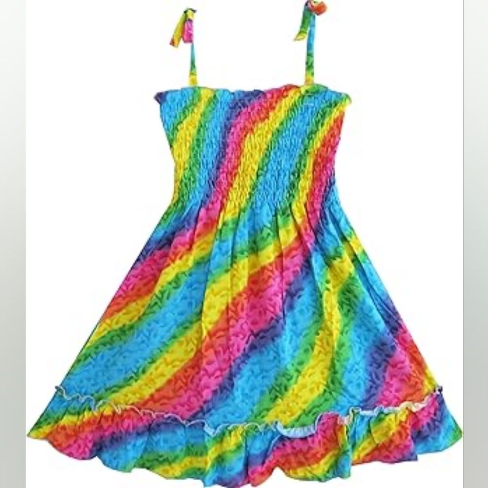 Rainbow Colorful Tie-Dye Smocked Sundress Girls Size 6p